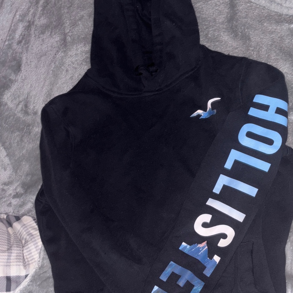 Hollister Black Hoodie with Blue Sleeve Logo